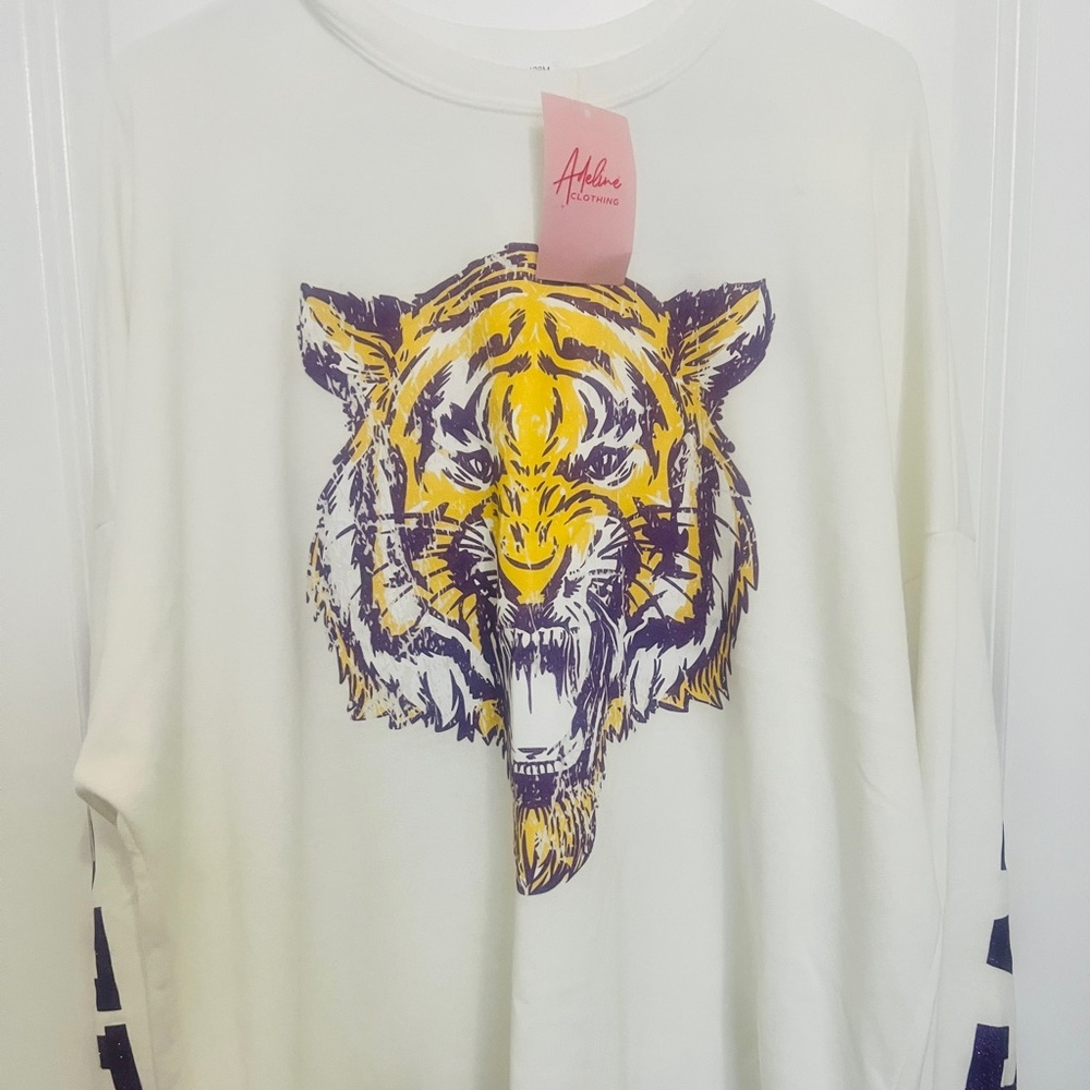 NWT LSU Geaux Tigers Glitter Oversized White Sweatshirt. 12 PM Brand.